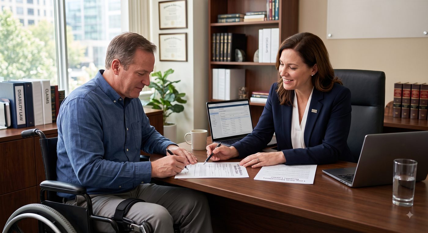 Attorney reviewing a long term disability claim with a client